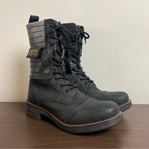 Modern Black Leather Distressed Panner Lace Up Boots - Picture 1 of 8